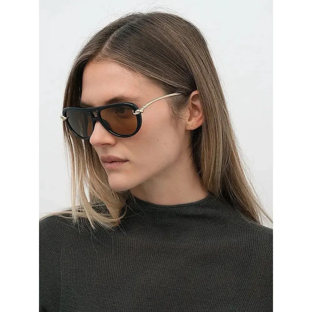 BOTTEGA VENETA BV1418S 005 Gold Black Unisex KNOT Pilot Sunglasses AUTHENTIC